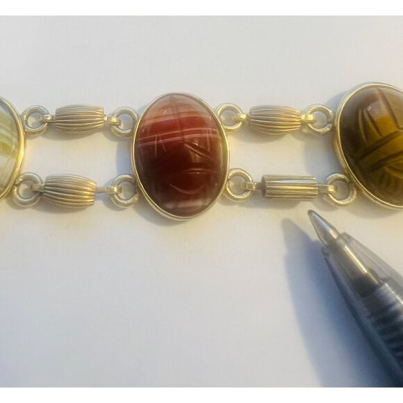 Vtg Krementz 14Kt Gold Overlay Scarab Bracelet Semi-Precious Stones various gems - Picture 5 of 8